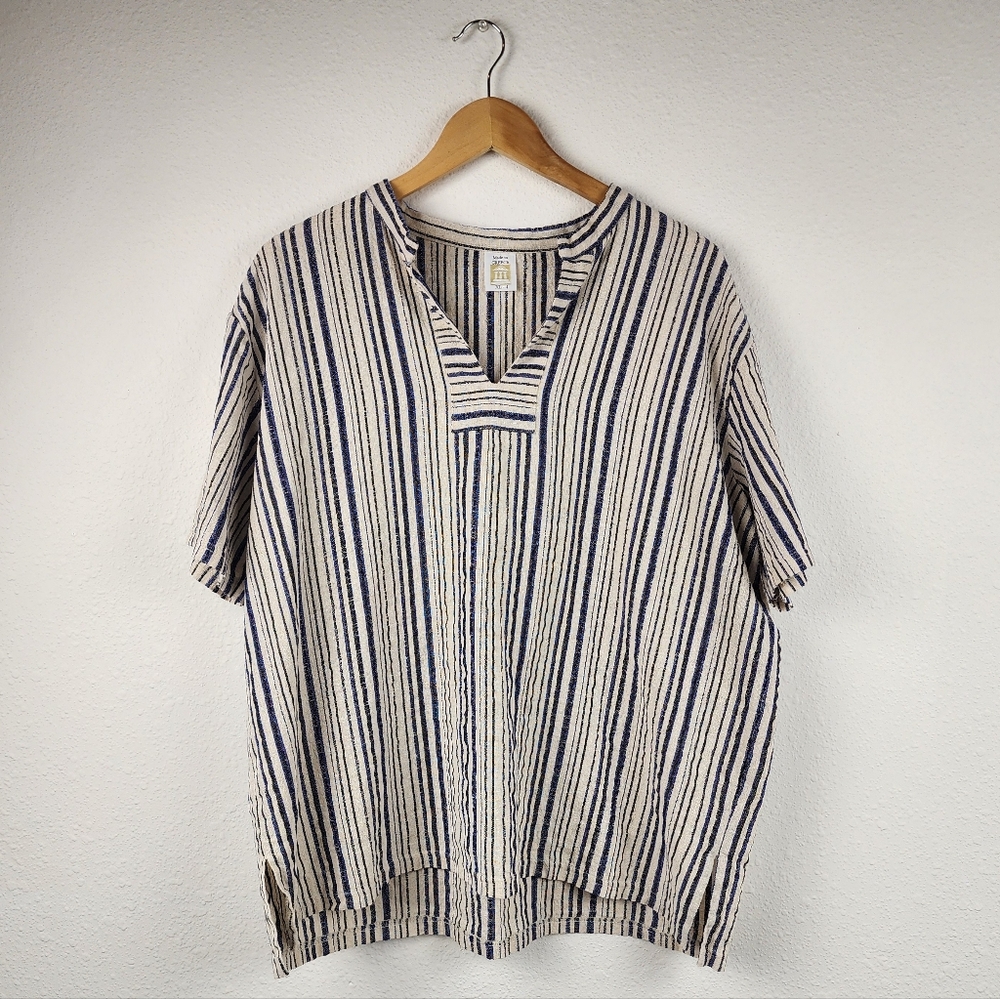 Made in Greece Striped 100% Cotton Tunic Top Blue Cream XL V Neck Lagenlook Boho